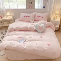 Ins Girly Heart Towel Embroidery Bedding Four-piece Set Soft Washed Cotton Bed Sheet Quilt Cover Three-piece Set