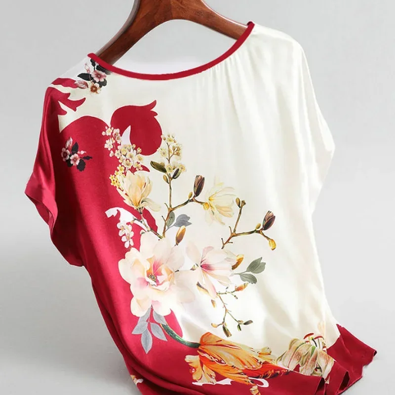 2024 Vintage Fashion Floral Print Bluse Pullover Damen Seide Satin Plus Größe Batwing Hülse T-shirt Casual Kurzarm Tops