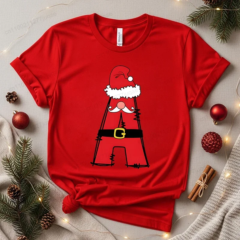 Fashion Tops Tees Personalised Santa Alphabet Family Christmas Pattern T-shirt Casual Round Neck Short Sleeves Casual T-shirt