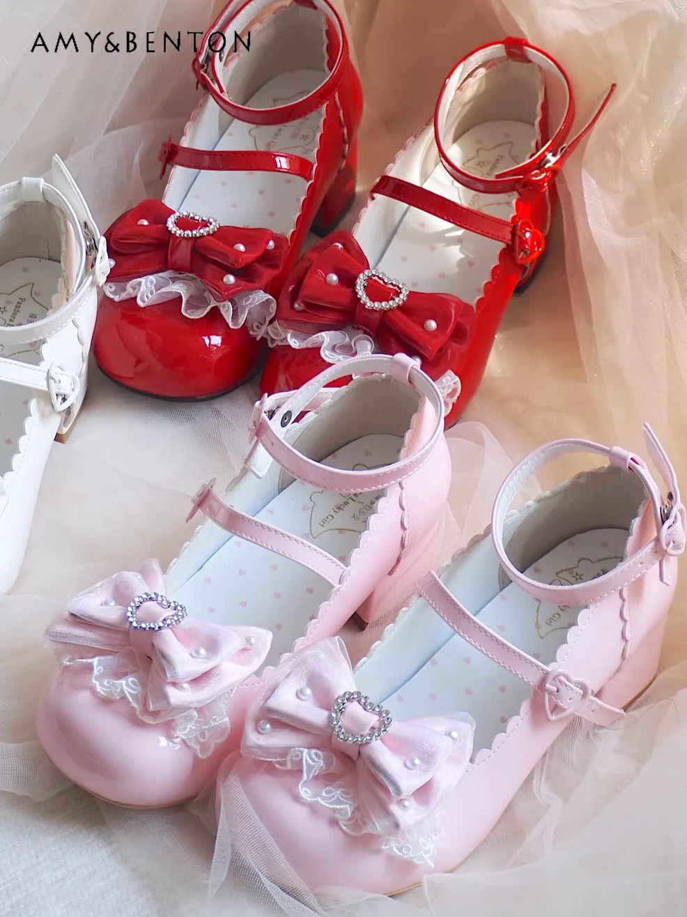 

Sweet Girl Lolita Shoes Mid-Heel Elegant Bowknot Shoes Cute Round Toe Heart Beaded PU Women's Japanese Versatile JK Shoes