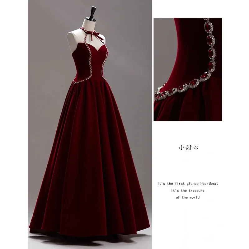 Phụ Nữ Gợi Cảm Dây Hở Lưng Form Đầm Suông Pháp Burgundy Velour Dạ Hội Xòe Áo Bánh Mì Nướng Quần Áo