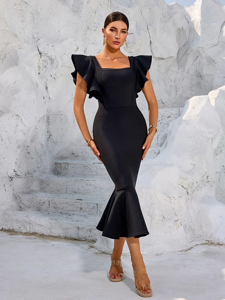 

Sexy Square Neck Flying Sleeve Bandage Dress Women Black Short Sleeves Ruffles Bodycon Dresses Party Evening Gowns