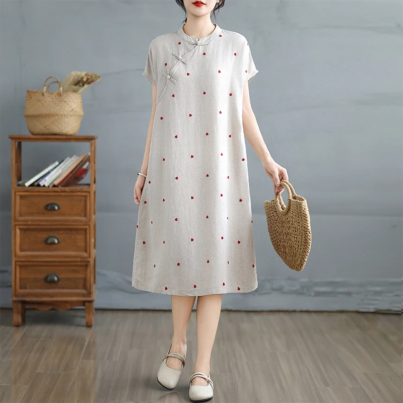 Original Design Summer Cotton Linen Moon Sve Button Dr Small Heart Print Casual Loose Fit mid Length Skirt Sle