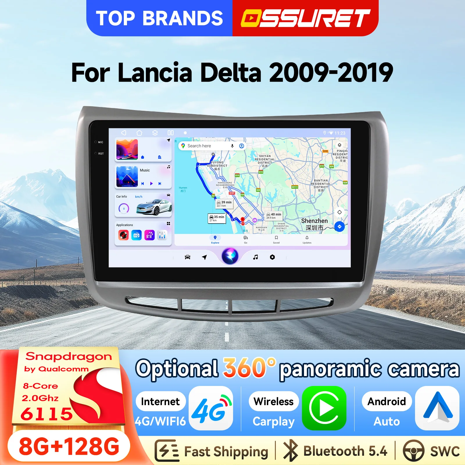 OSSURET Livraison rapide Autoradio Android 14 2 Din 9 pouces pour Lancia Delta 2009-2019 par Qualcomm Snapdragon 6115 Octa Core Navigation GPS Bluetooth Autoradio SWC Carplay sans fil Android Auto Écran tactile InCell WiFi 4G RDS DSP Audio Lecteur multimédia pour voiture