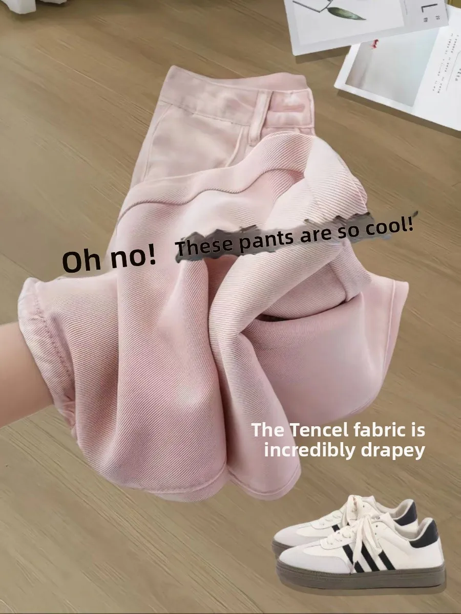 

Розовые прямые джинсы, женские летние тонкие широкие брюки с высокой талией, ледяной шелк, свободные брюки больших размеров, грушевидные джинсы для тела