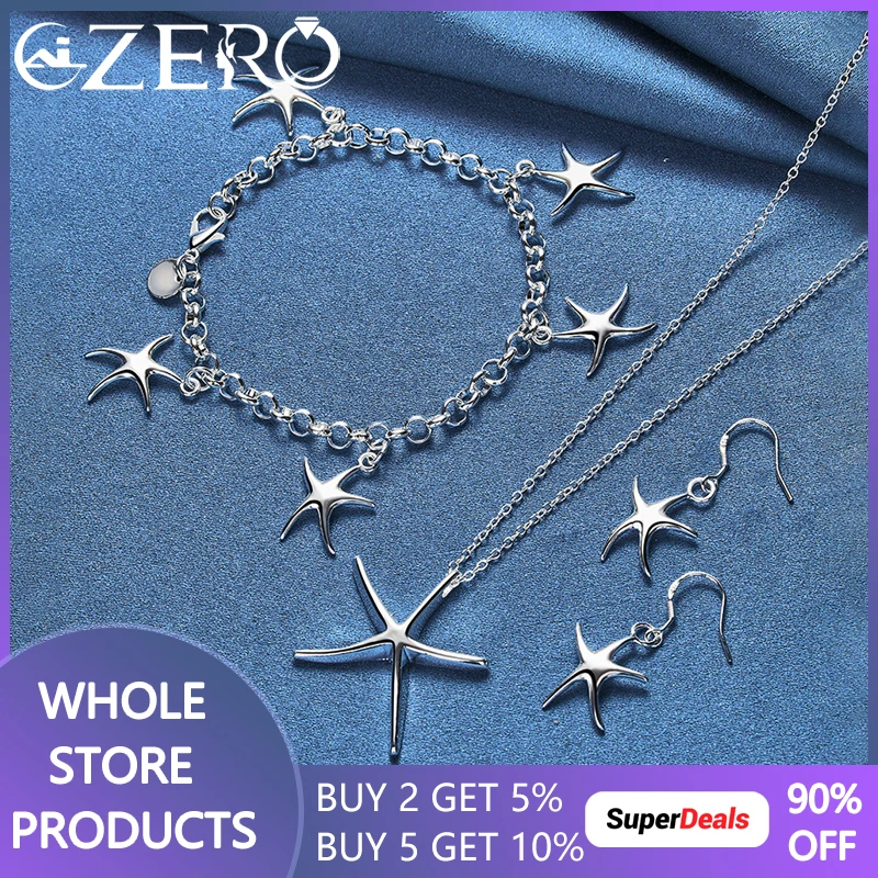 

925 Sterling Silver Starfish Pendant Bracelet Necklace Earrings Jewelry Set For Women Fashion Party Elegant Charm Accessories