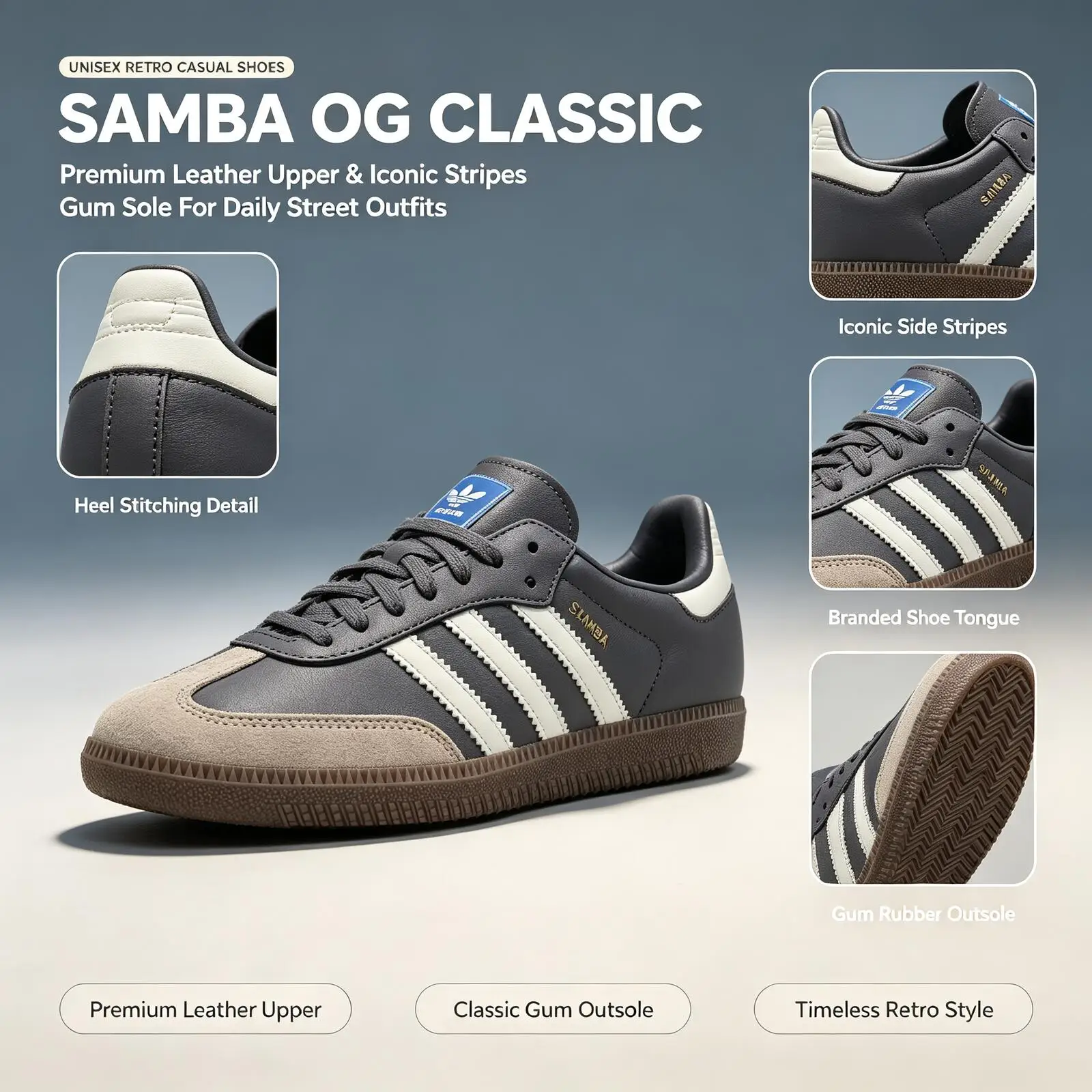 Offizielle Adidas Original SAMBA OG Skateboard-Schuhe Unisex Graues Wildleder