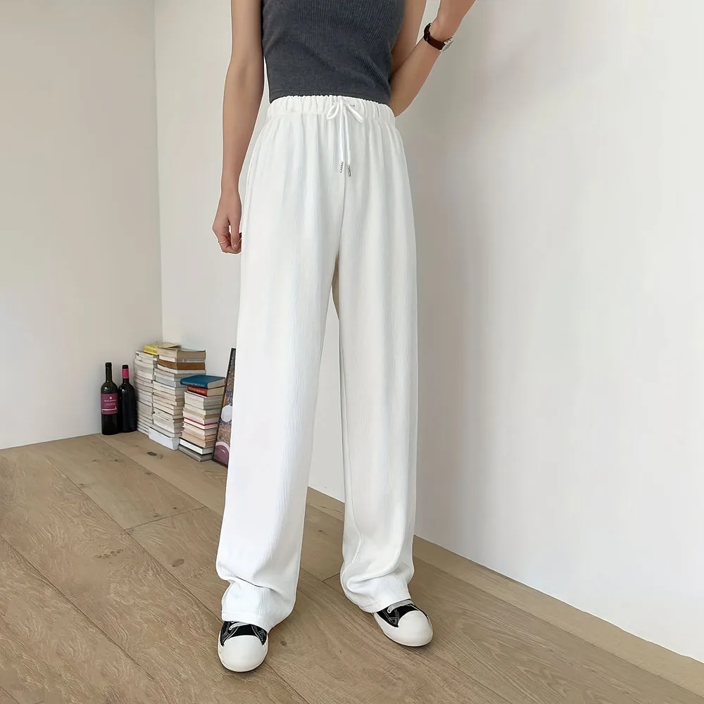 Fashion Women's Solid Color Long Pants Drawstring Design White Wide Leg Trousers Joggers Loose Fit Casual Streetwear Pant