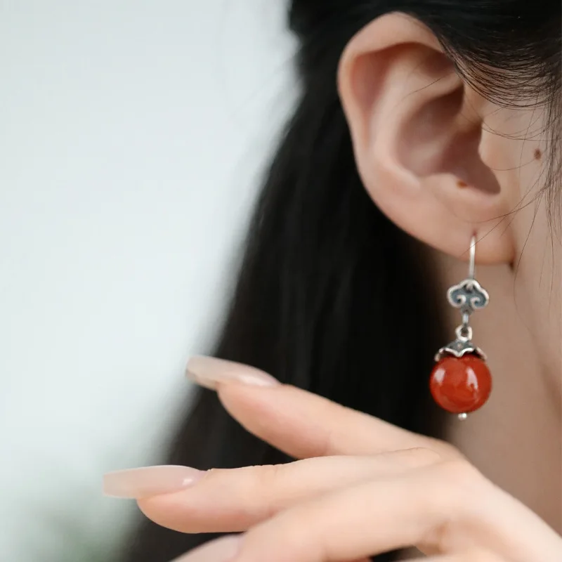 PANJBJ 925 Sterling Silver Red Agate Earrings For Women Circular Retro Ethnic Cloud Versatile Jewelry Birthday Gift Dropshipping view 3