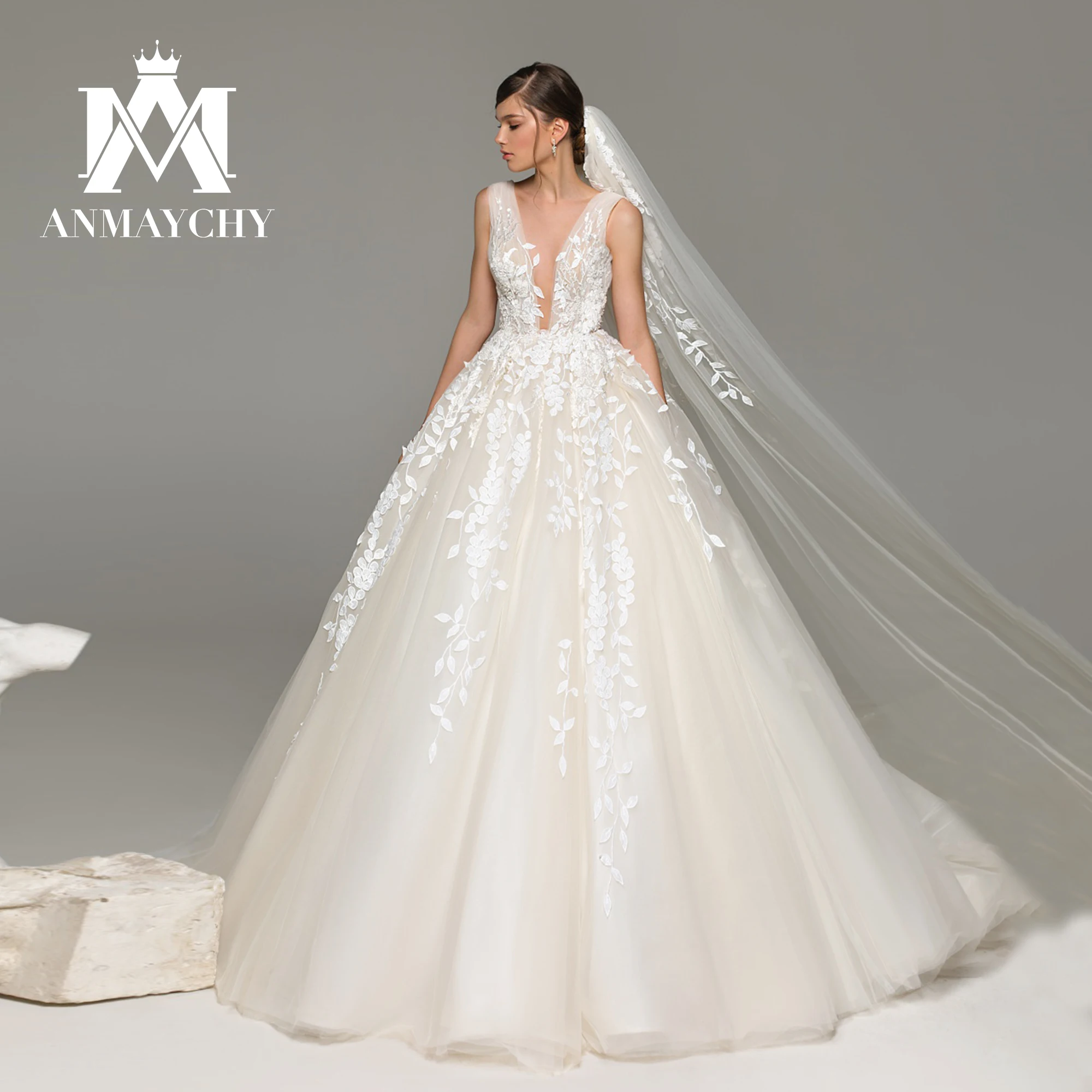 

ANMAYCHY A-Line Wedding Dresses For Women 2023 Deep V-neck Beading Backless Flowers Court Train Wedding Gown Vestidos De Novia