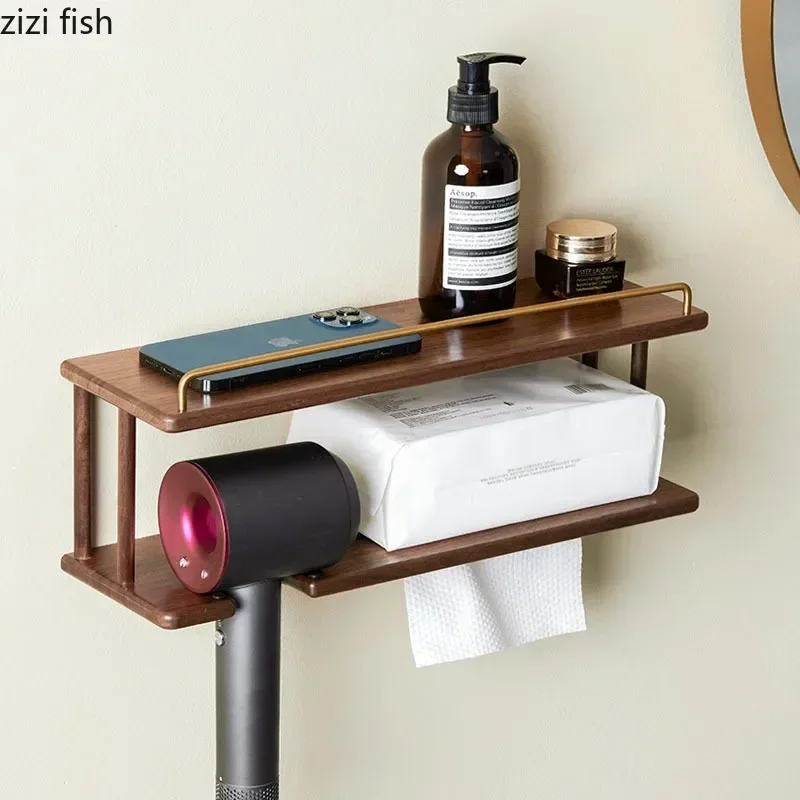 Double Layer Bathroom Wooden Shelf Towel Rack Hair Dryer Storage Rack Wall Mounted Storage Holder Organizer Bathroom Shelves