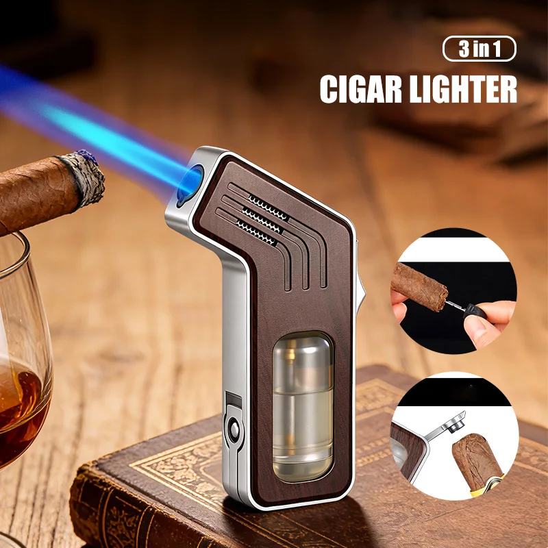 

3-in-1 Cigar Lighter Windproof Blue Flame Transparent Gas Chamber Hidden Cigar Needle Folding Cigar Cutter Cyclic Inflation