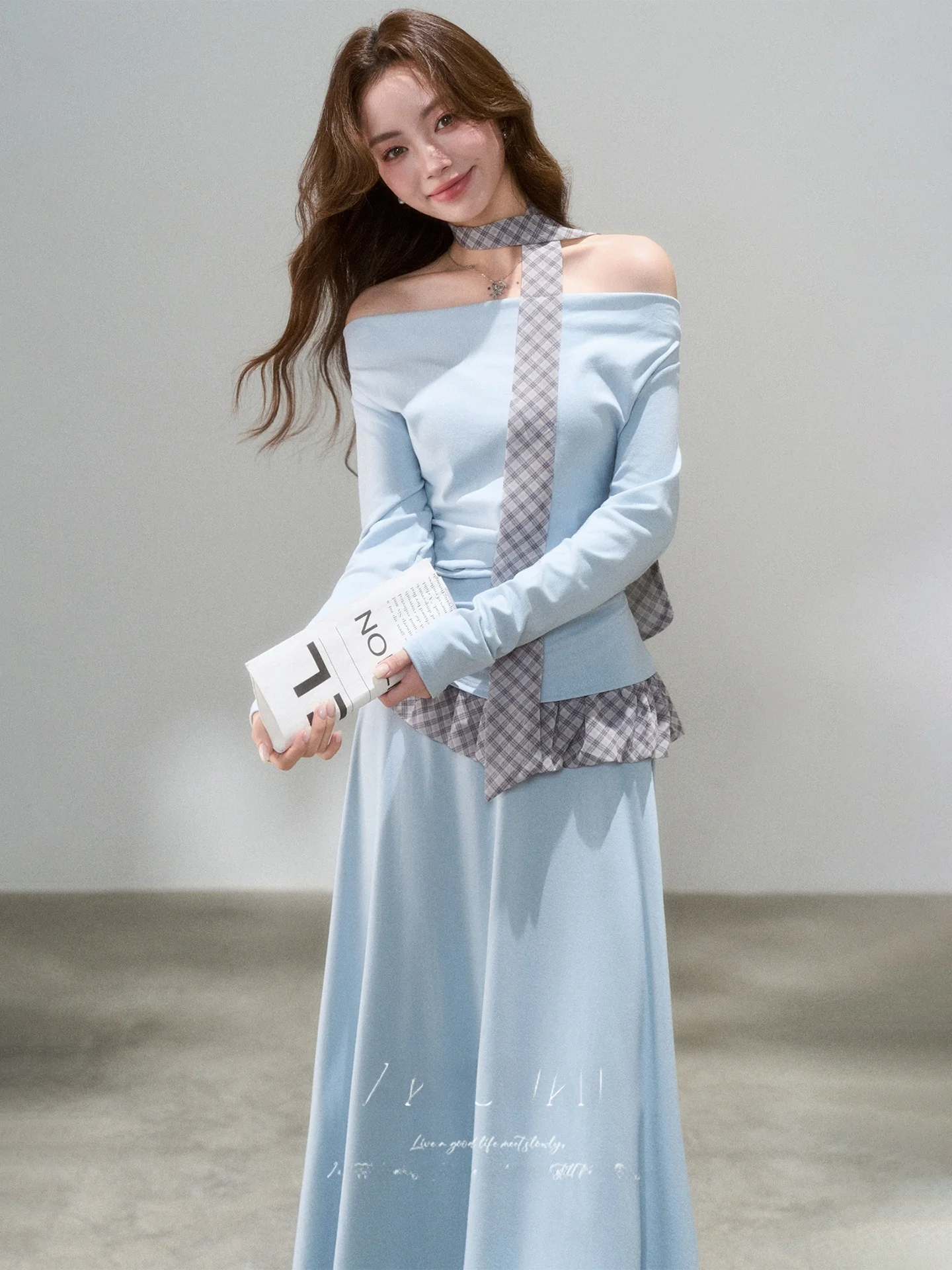 

Уникальный корейский модный комплект для ранней осени: женский вязаный топ и юбка, двухсоставный костюм с длинными рукавами и высокой талией.