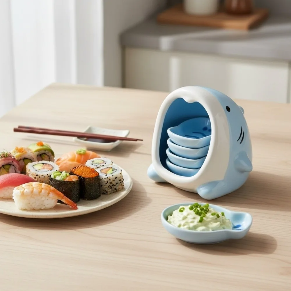 Ceramic Shark Sauce Dish Set Cartoon Under-glaze Surface Seasoning Dish Heat-resistant Blue Flavor Plate Dinning Table