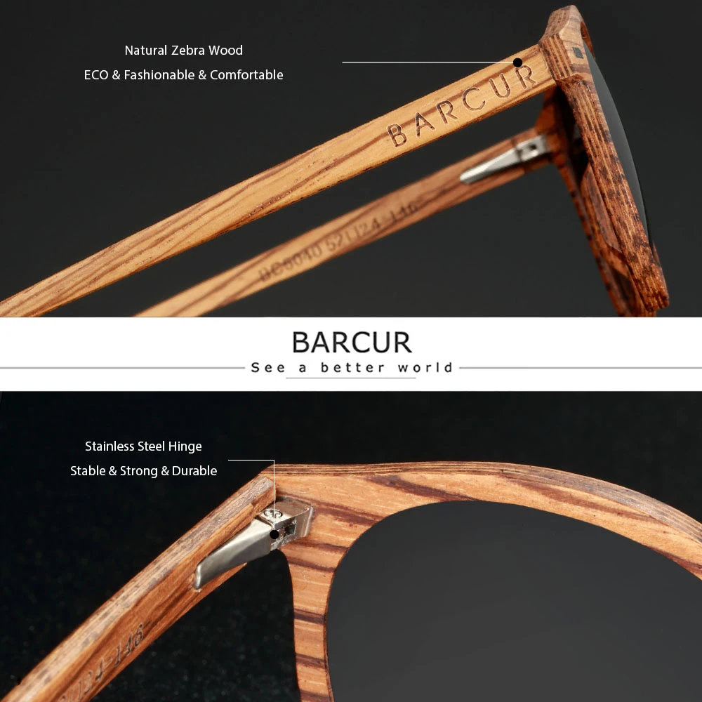 BARCUR Brand Deisgn Stylish Cat Eey Zebra Wood Sunglasses Polarized UV400 Men Women Sun glasses UV400