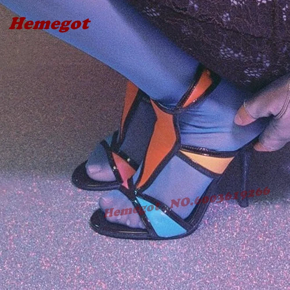Colorful T-Strap Sandals Back Buckled Open Toe Stiletto Heels Women's Sandals Cut Out Slingback Splicing Runway Shoes Luxury