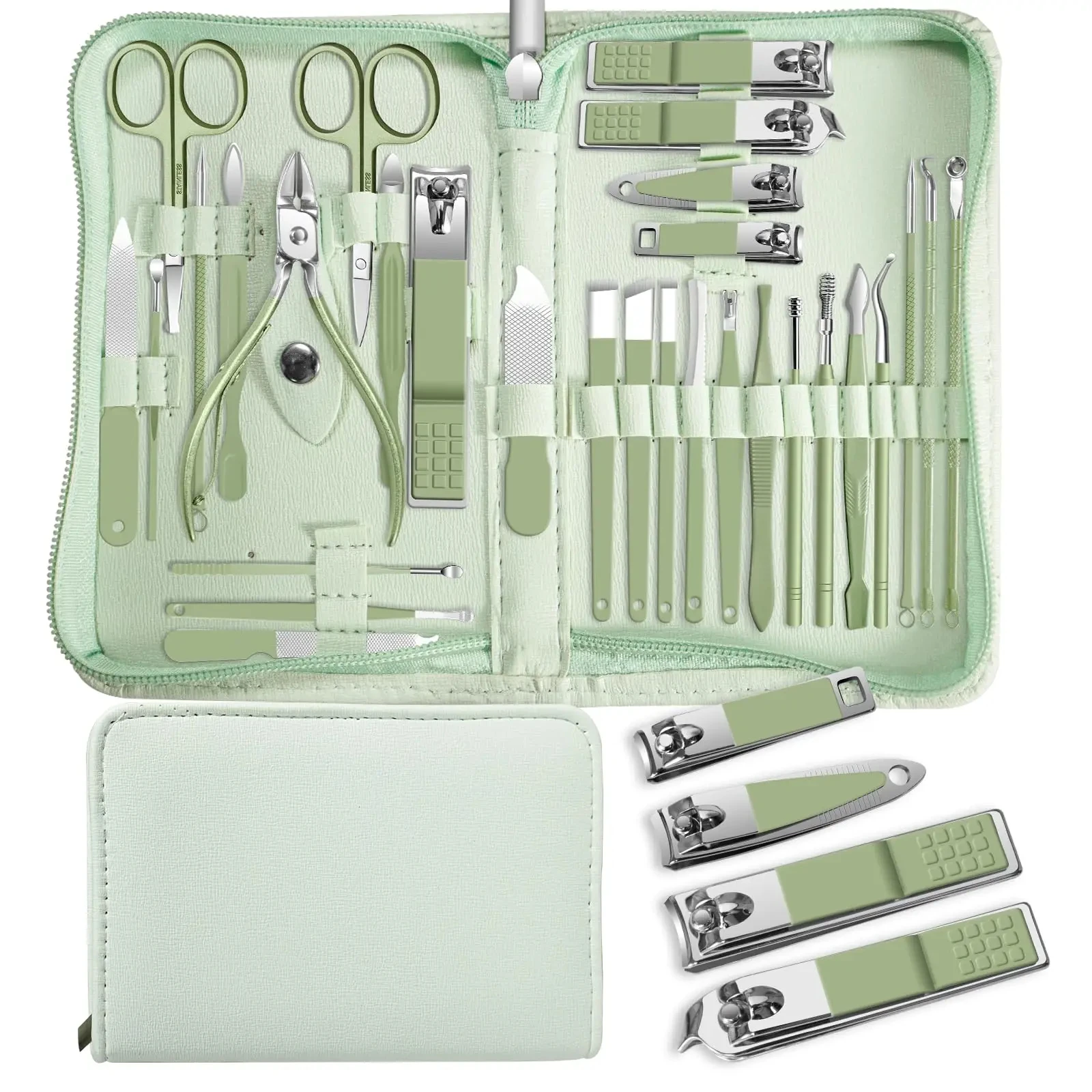 Spring Green Manicure Set 12-22/Pcs Nail Clipper Cutter Fingernail Trimmers Pedicure Dead Skin pliers Tools With Portable Case