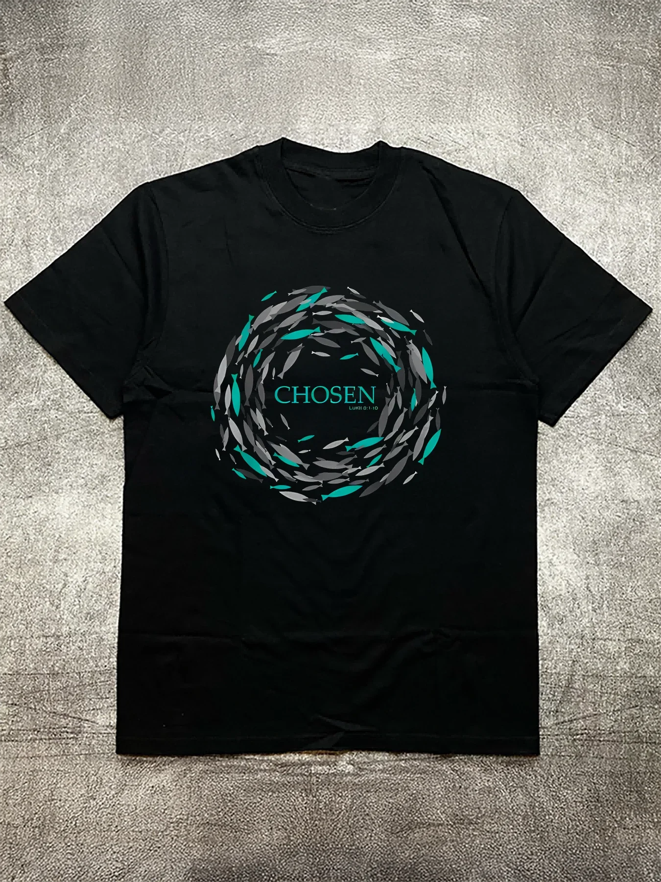 

2025 New 100% Cotton Men's Black Round Neck Short Sleeve 2D T-shirt with "CHOSEN" Text and Fish Pattern Surrounding