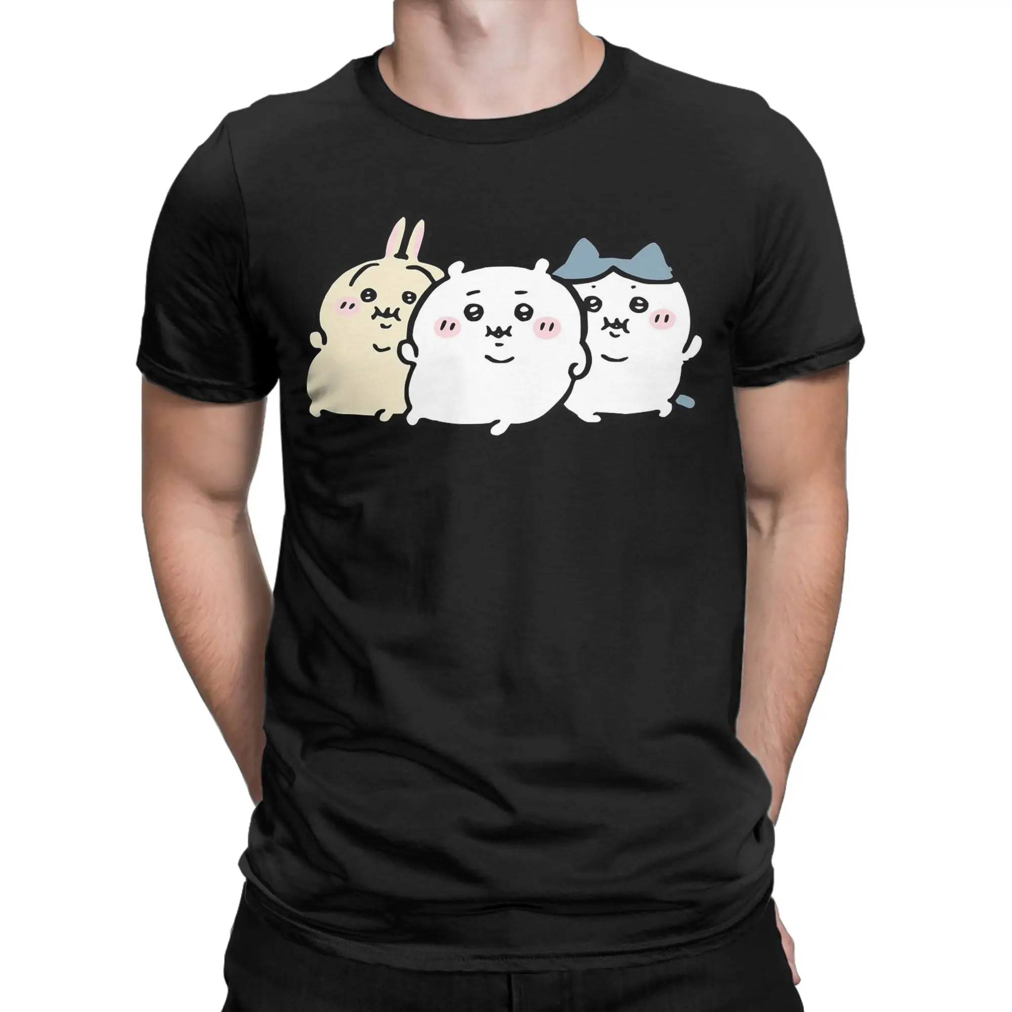 Chubby Bloated Chiikawas Hachiware Usagi Hungry Eat Food Full Fat T Shirts Men's Cotton T-Shirt Tee Shirt Clothing Gift Idea