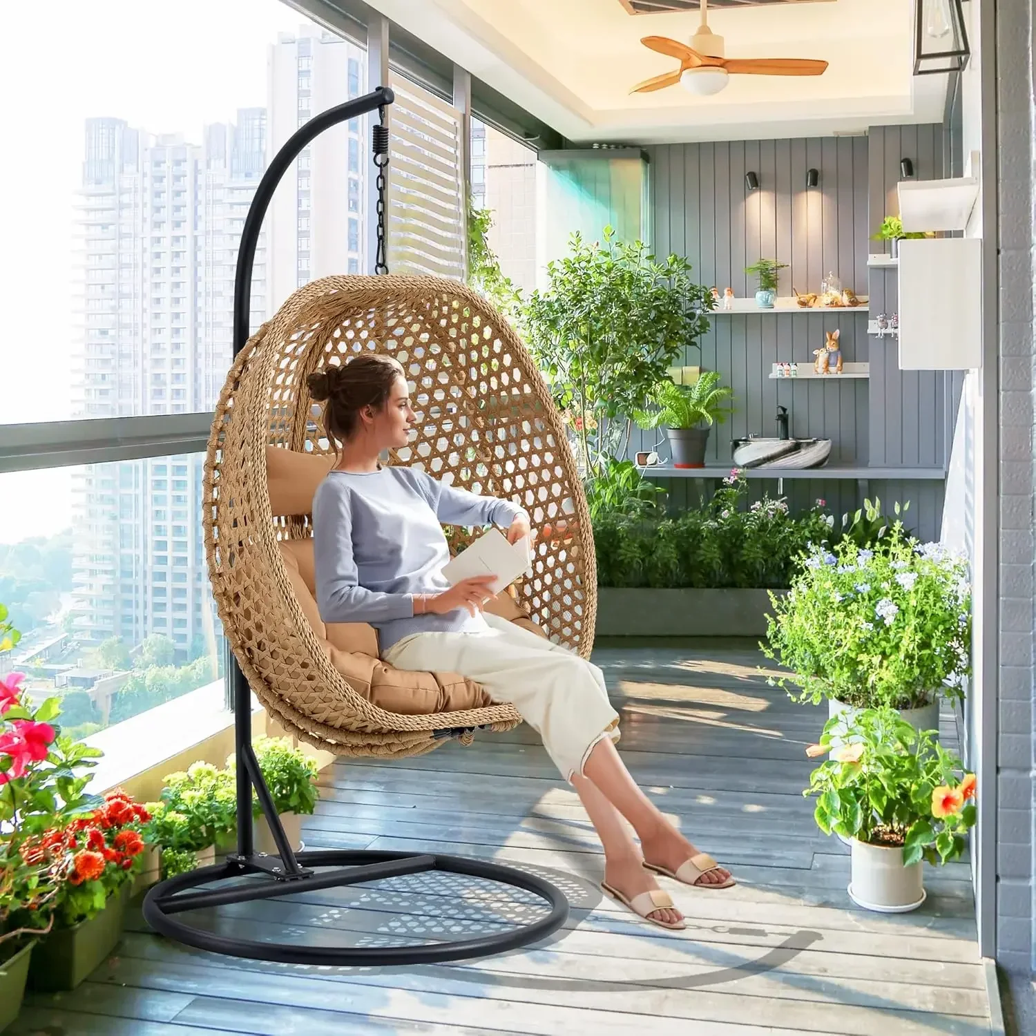 Hanging Chair with Stand - Egg Swing Chair, Outdoor and Indoor Hammock Basket Chair with Cushion, UV-Resistant.