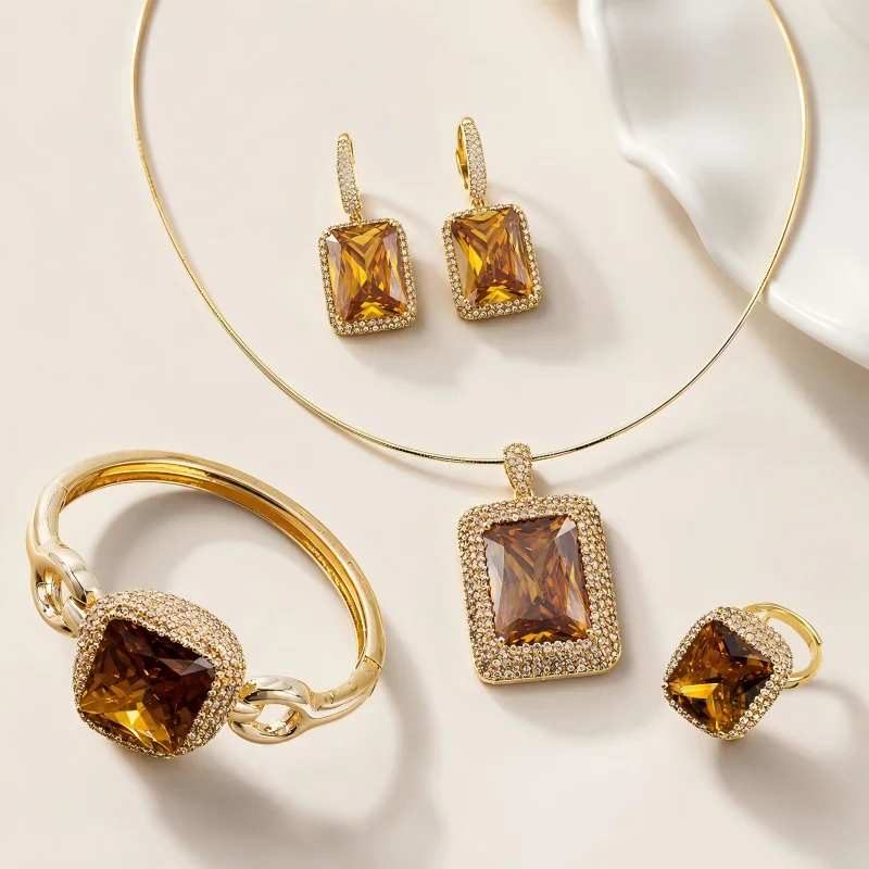 

Vintage Sultan Stone Jewelry Set for Women Square Crystal Necklace Earrings Ring Bracelet Gift