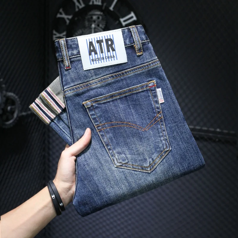 Slim-Fitting Small Straight Jeans Men's 2024 Spring and Autumn Retro Washed Dark Blue Simple Durable All-Match Stretch Trousers