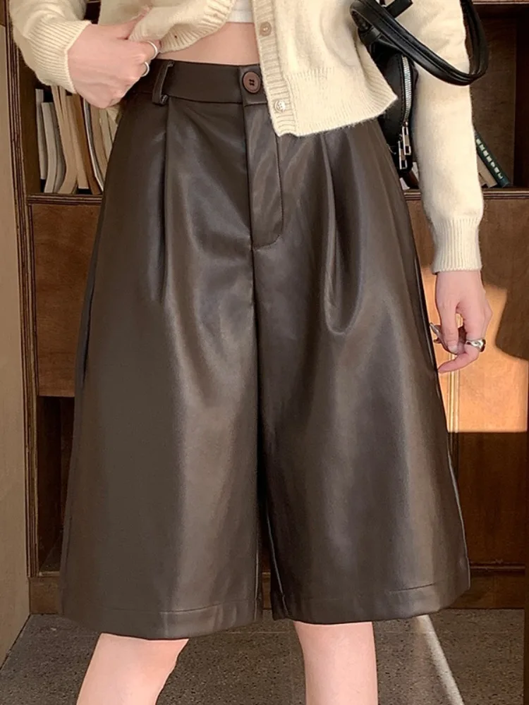 Pantaloni a gamba larga a trapezio a vita alta retrò Sle Pantaloni ort casual larghi da donna Bla PU Leather Pendolari Sle Color