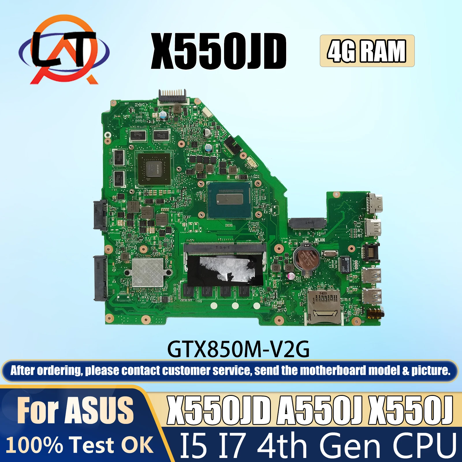 X550JD/X550JK Mainboard For ASUS FX50J A550J X550J Laptop Motherboard I5 I7-4th CPU 4G-RAM GTX820M GTX850 GPU V2G chips 