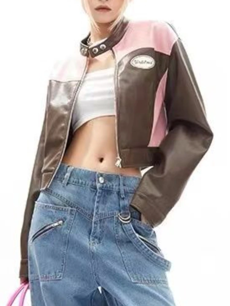 Vintage Punk Cropped Leather Jacket Women Korean Fashion Zipper Moto Biker Leather Coat Casual Streetwear Patchwork Faux Jacket