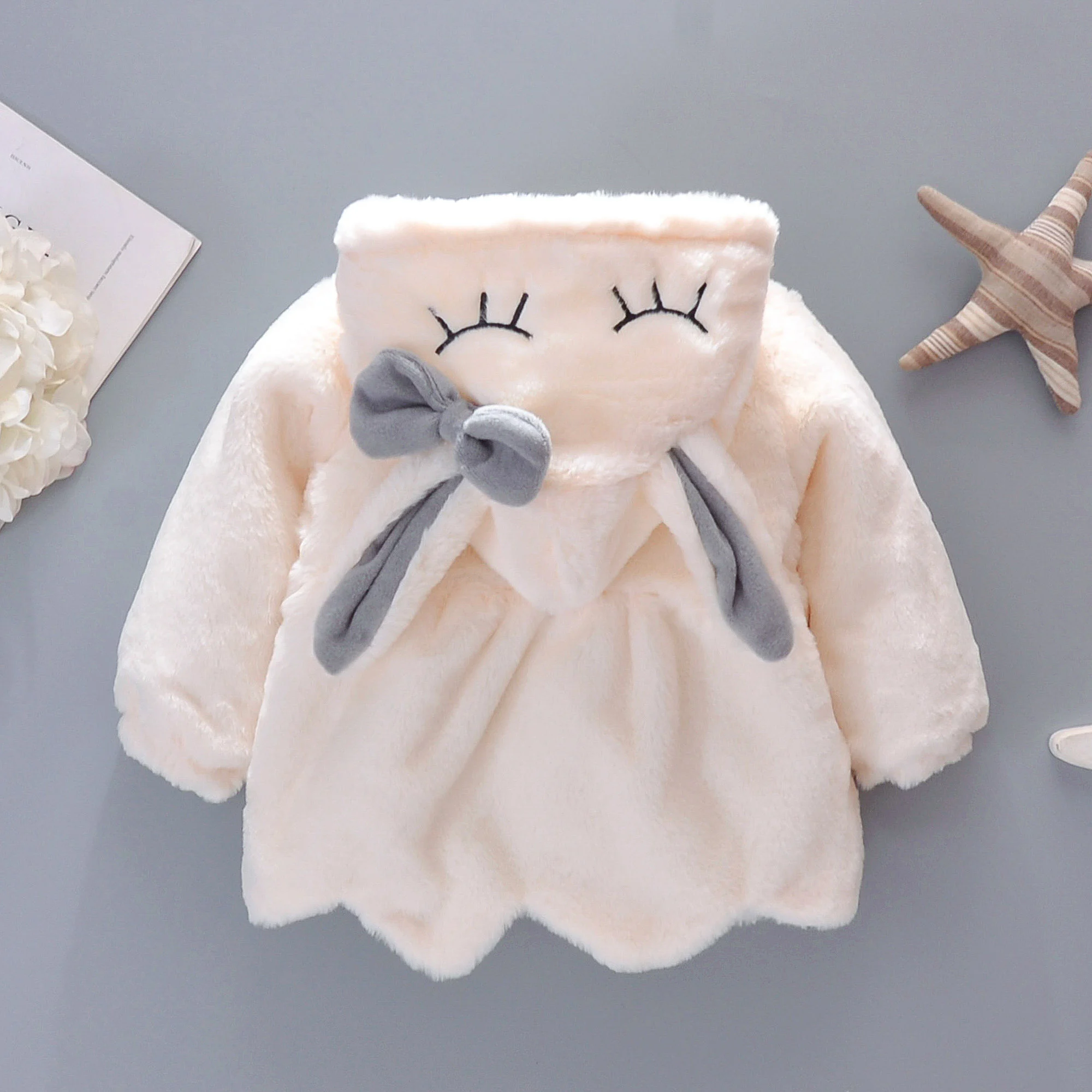 Autumn and Winter New Girls\' Wool Sweater Coat Children\'s Bow Long Ear Hooded Light Winter Yarn Thread Clip Thin Cotton Outwear