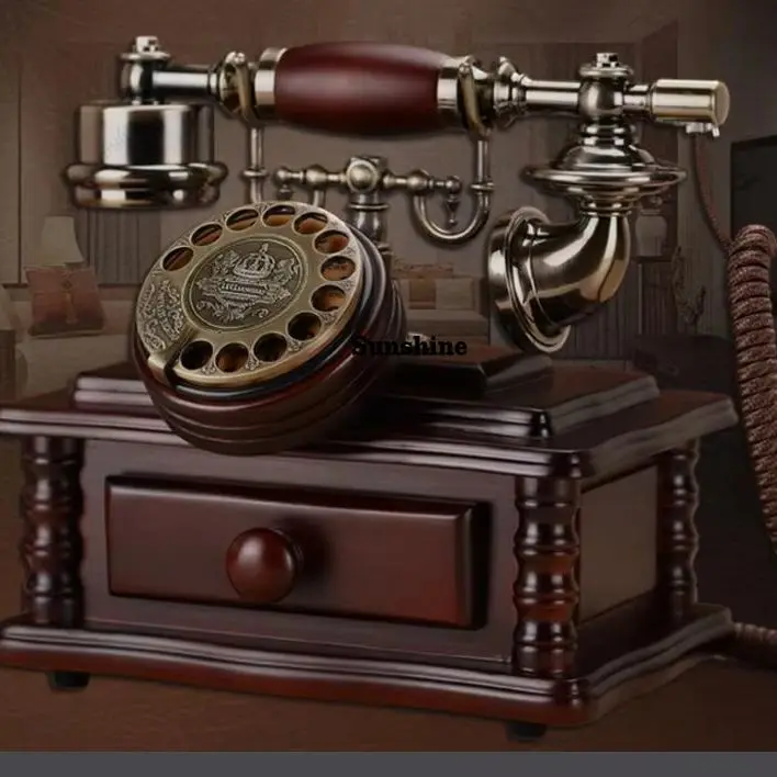 Solid Wood vintage telephone household Antique fashioned Redial function Rotary dial telephone