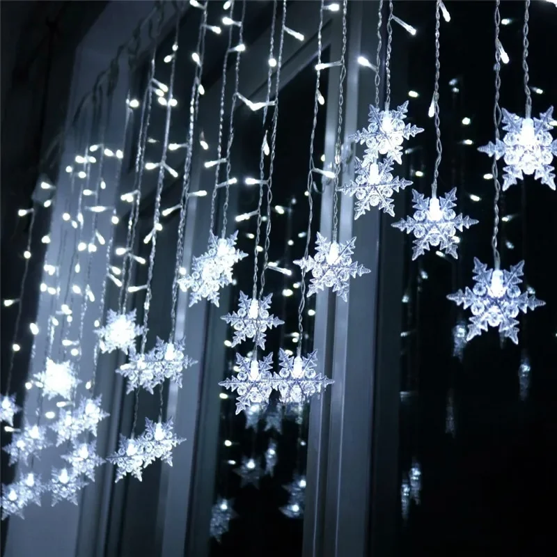 2025 Christmas Light Led Snowflake Curtain Icicle Fairy String Lights Garland Outdoor For Home Garden New Year Party Decoration