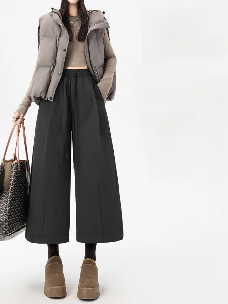 Hoge taille verdikte katoenen gevoerde wijde pijpen broek Dames Winter Straight Cut Casual broek Acht Negen Punten Koreaanse Sle