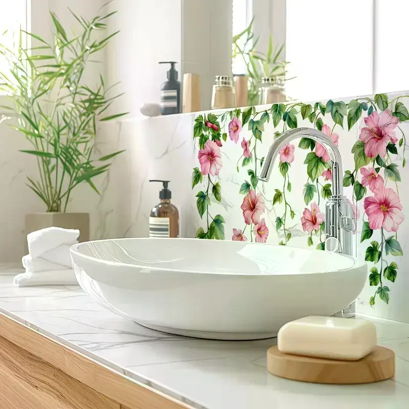 Wall Sticker Fresh Floral Pattern Sink Area Background Bathroom Decoration Self-Adhesive Removable Waterproof No Peel