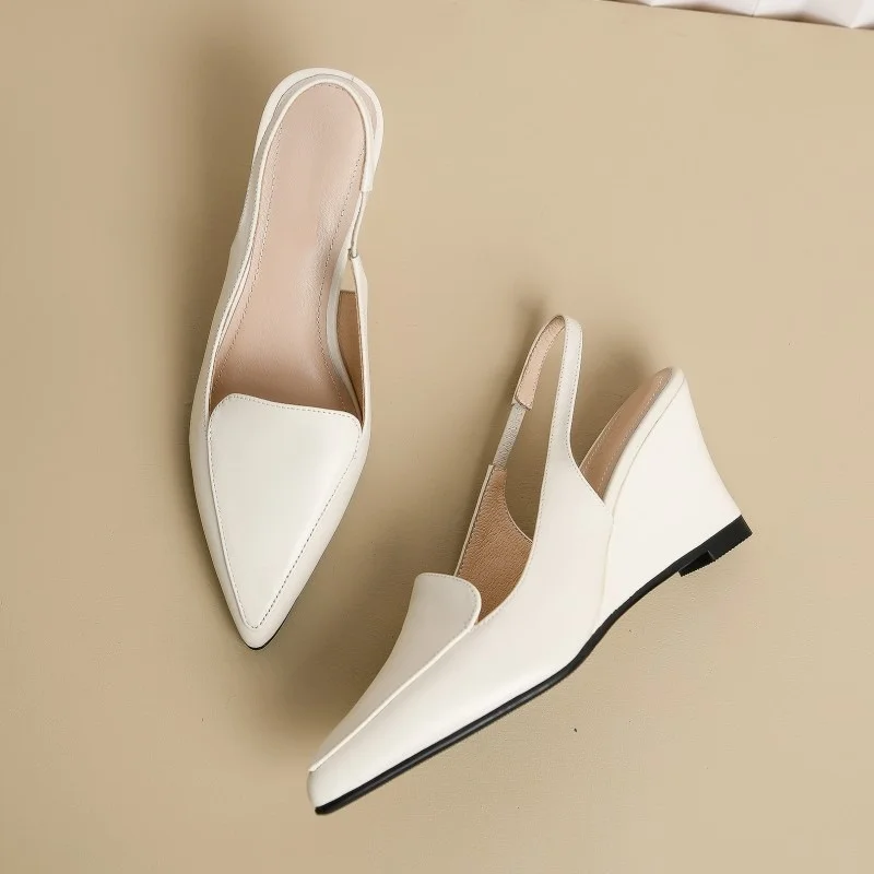 FHANCHU 2023 New Leather Women Pumps,High Heels Wedges Summer Shoes Sandals,Pointed Toe,Back Hollow Out,Beige,35-39,Dropship