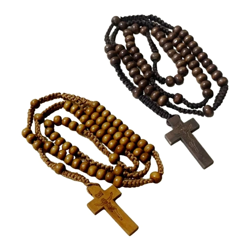 Wood Beads Cross Rosary Necklace Holy Catholic Jewelry Charm Crafts for Christian Church Home Bedroom Decoration