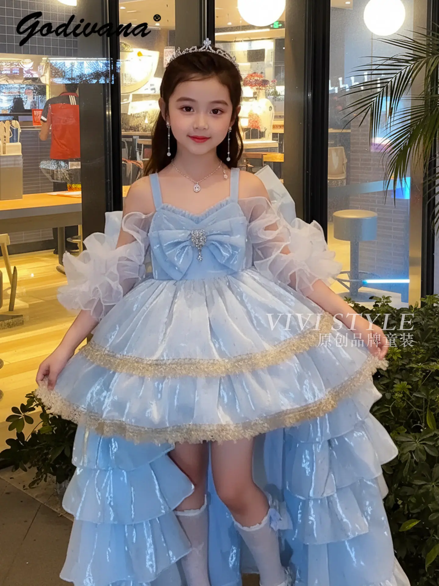 Sweet Baby Girls Lolita Princess Suspender Tutu Dress Summer 2026 New Childrens Fashion Blue Lace Trim Cake Birthday Ball Gown
