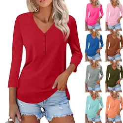 Women's Fashion Casual Solid Color V-neck Pullover Button Commuting Three-quarter Sleeve T-shirt Top Tops for Women Trendy