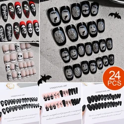 24Pcs Halloween False Nails Press on Stiletto Fake Nails Ghost Spider Web Designs Coffin Ballerina Wearable False Nail for Women