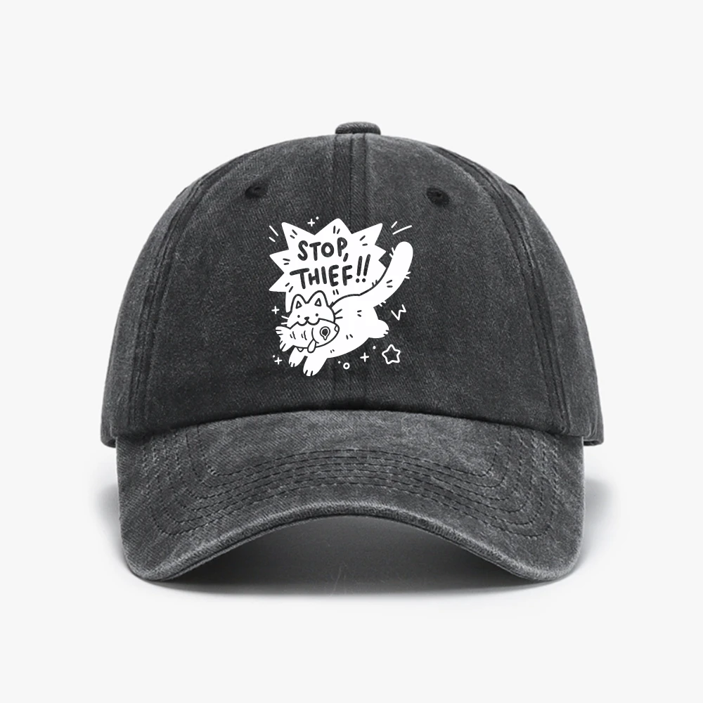Stop Thief! Cute Cat Printed Women's Baseball Cap Cat Print Girls Printing Funny hat Vintage Washed Soft Top hats