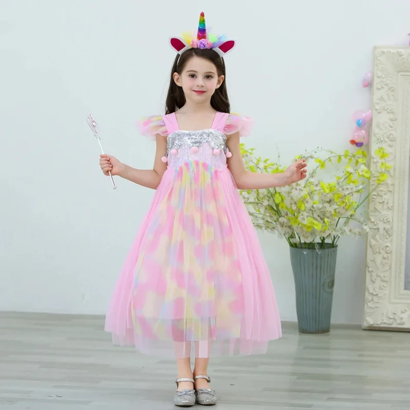 Unicorn Princess Dress for Girl Fancy Mesh Sequins Pink Halloween Costume for Kids Cosplay Novelty Tulle Frocks Vestidos 2-10T