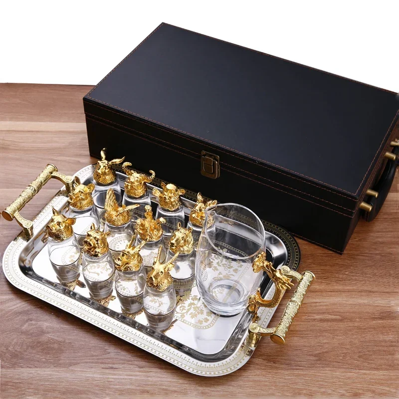 12PCS/Set Chinese Style Zodiac Shapes Wine Glass Wine Splitter Set Home Whiskey Vodka Spirit Glass Exquisite Gifts for Friends