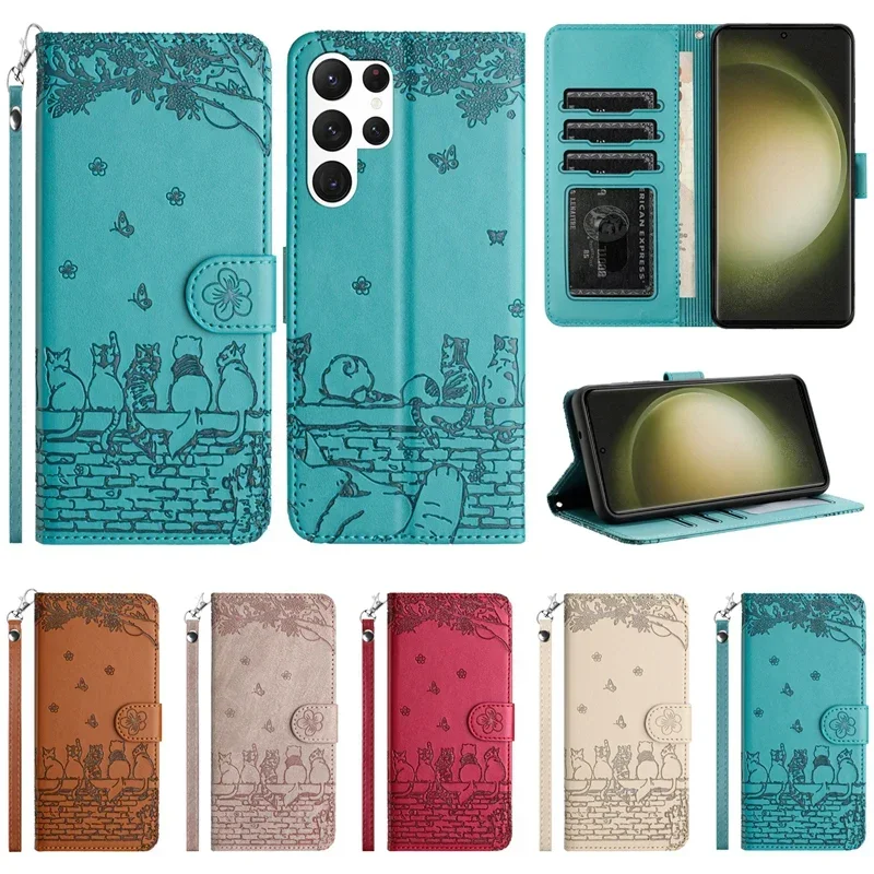 

Wallet Cat Embossed Flip Over Leather Case For Samsung S25 Ultra S24 Plus S23 S22 S21 S20 FE A06 A14 A15 A16 A34 A35 A53 A54 A55