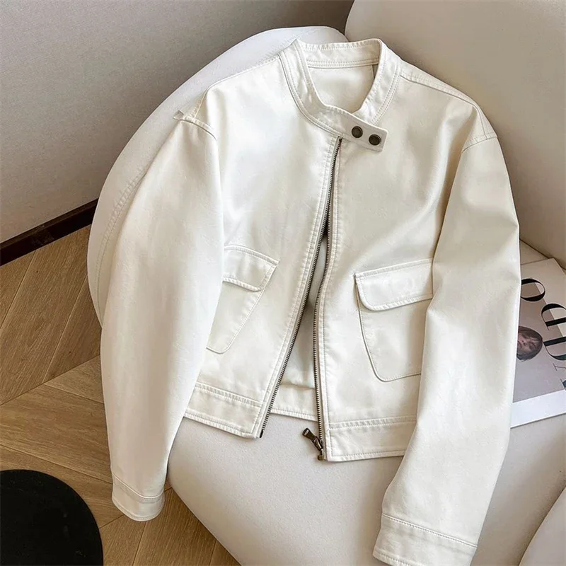 All-match Casual PU Short Leather Jacket 2025 New Spring Autumn Motorcycle Clothing Retro Fashion Women Coat White Black Outwear