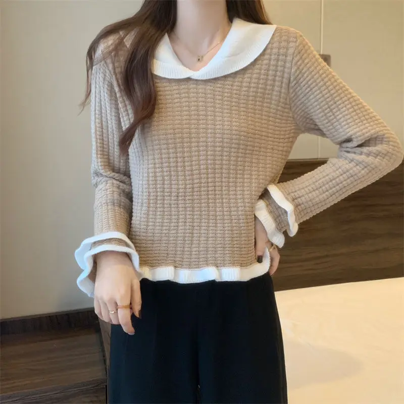 Peter Pan Collar Spliced Knitted Jumpers Female Clothing Contrasting Colors Autumn Winter All-match Korean Long Sleeve Sweaters