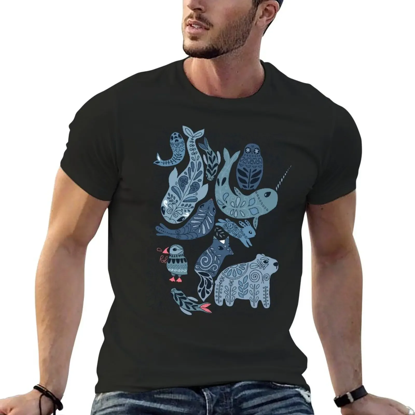 

Arctic animals. Narwhal, polar bear, whale, puffin, owl, fox, bunny, seal. T-Shirt graphics custom t shirt men t shirt