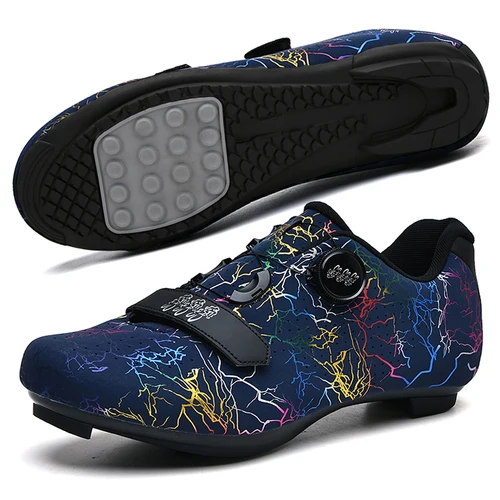 Imagen 2 del producto Zapatos de ciclismo profesionales para hombre, zapatos de suela dura para bicicleta con patrón de relámpago sin bloqueo Unisex, zapatos de entrenamiento de Ciclismo de Carretera para mujer MTB