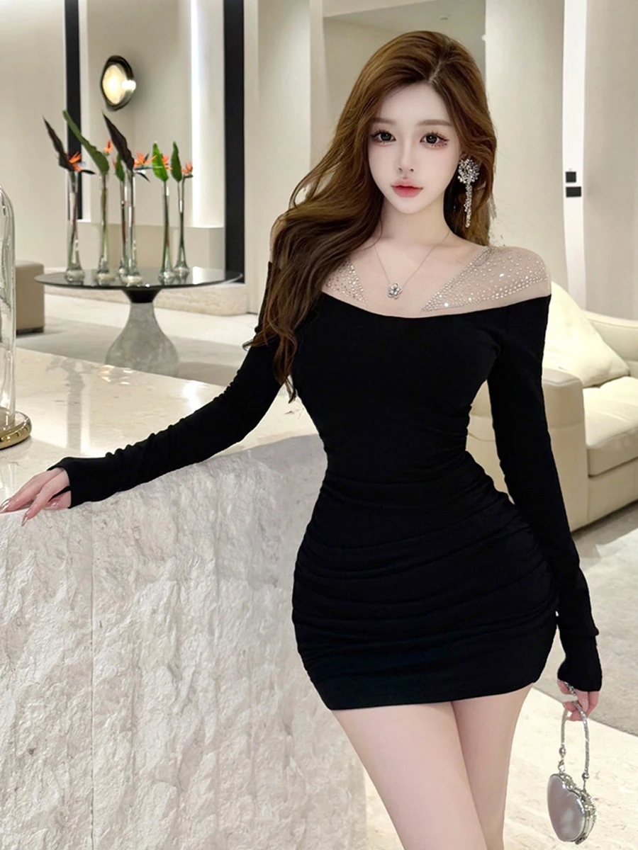 

Sexy Knitted Long Sve Me Splice Dr High Waist ort Skirt Body a Slimming Diamond Studded V Ne Par Date Dr