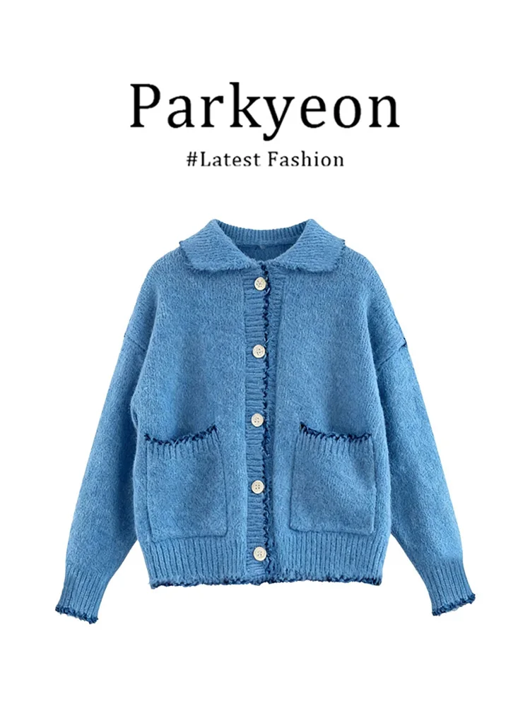 

Parkyeon Blue Loose Slimming Collared Open Cardigan Sweater Women's Autumn Winter New Small Size Long Sleeve Top