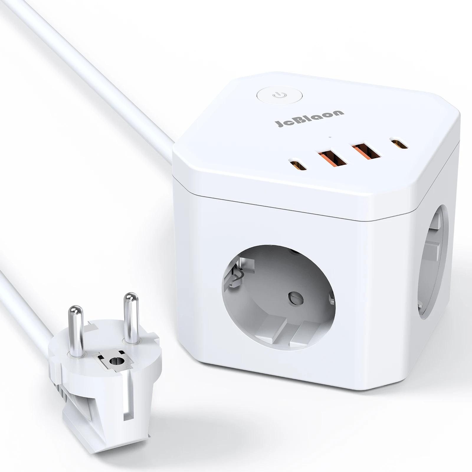 8-in-1EU Plug Power Strip with 1.5 m Extension Cable,4 AC Outlets and 4USB(2 USB-C),3680 W Multiple Socket,white